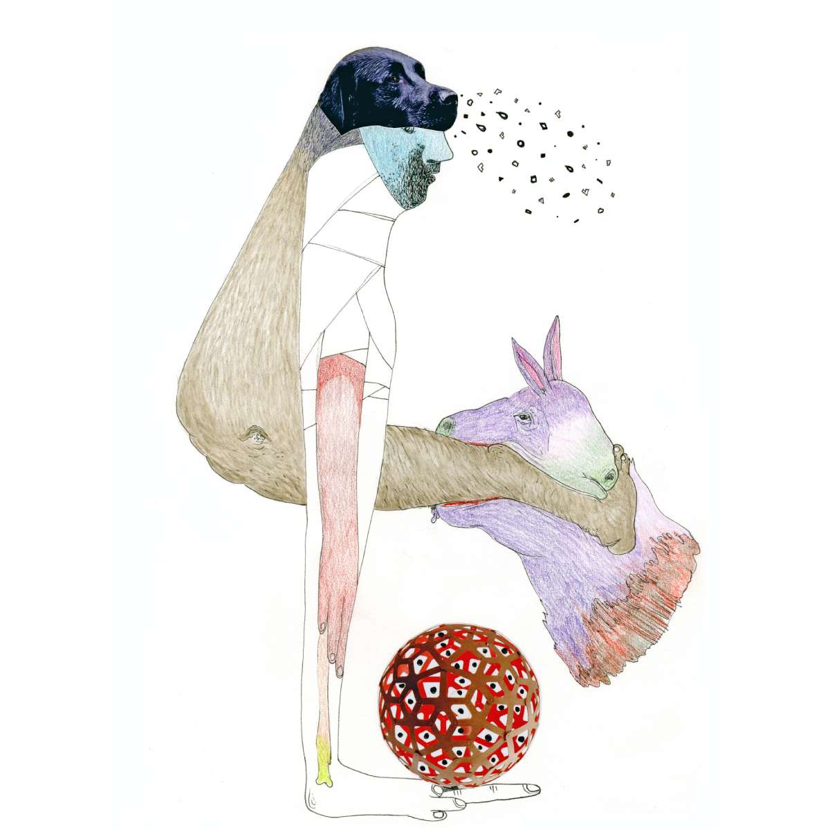 An artwork by Z'otz* Collective, fantastical hybrid with mixed dog/human head, standing on hands with leg outstretched with detached llama head biting the knee.