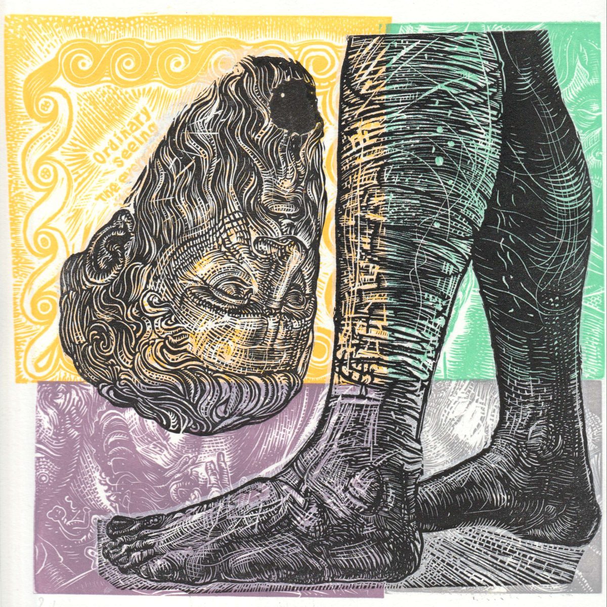 Adrian Gor artwork titled Plato Crumbling Before Your Eyes, (Detail) linocut 8" x 8" - 2021