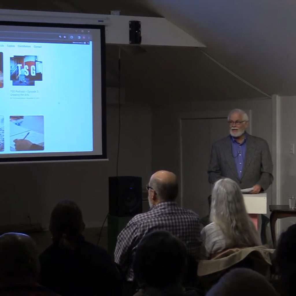 ARTSPLACE board member Ted Lind addresses the audience during the launch of ArtSeen.ca, December 1, 2023