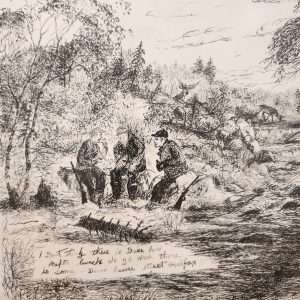 A Harold Cromwell drawing with hunters seated on a log complaining of no deer, while deer are clearly visible in the background