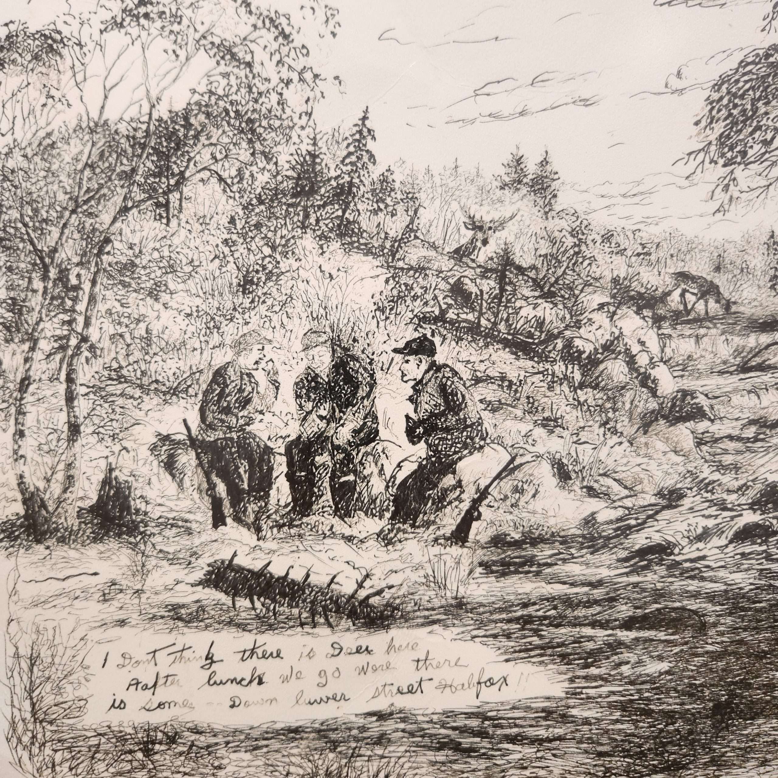 A Harold Cromwell drawing with hunters seated on a log complaining of no deer, while deer are clearly visible in the background