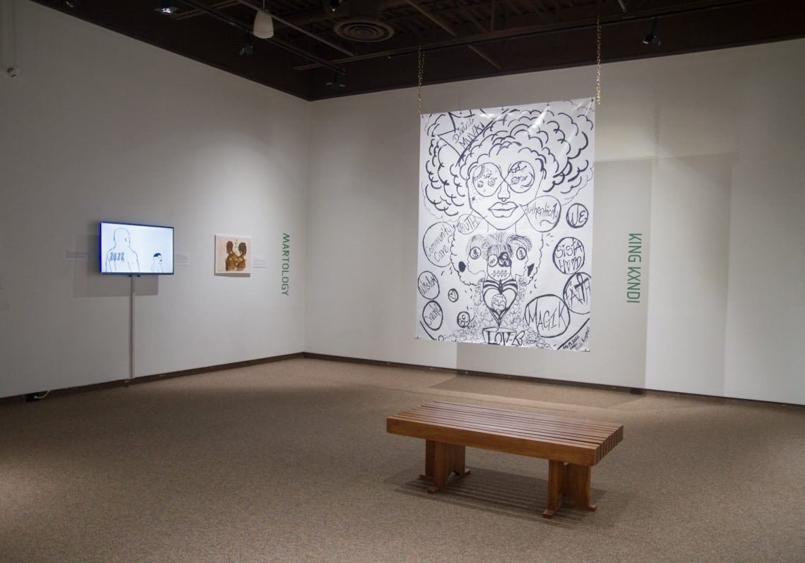 Installation view of Collective Intricacies, featuring work by Martology and Kxng Kendi